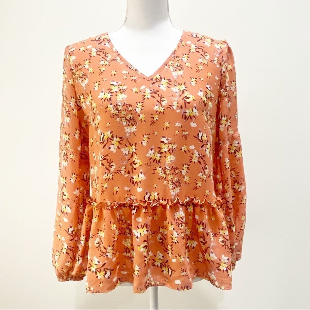 PLEIONE shirt womens XS floral v-neck long sleeve ruffle cottagecore blouse NEW